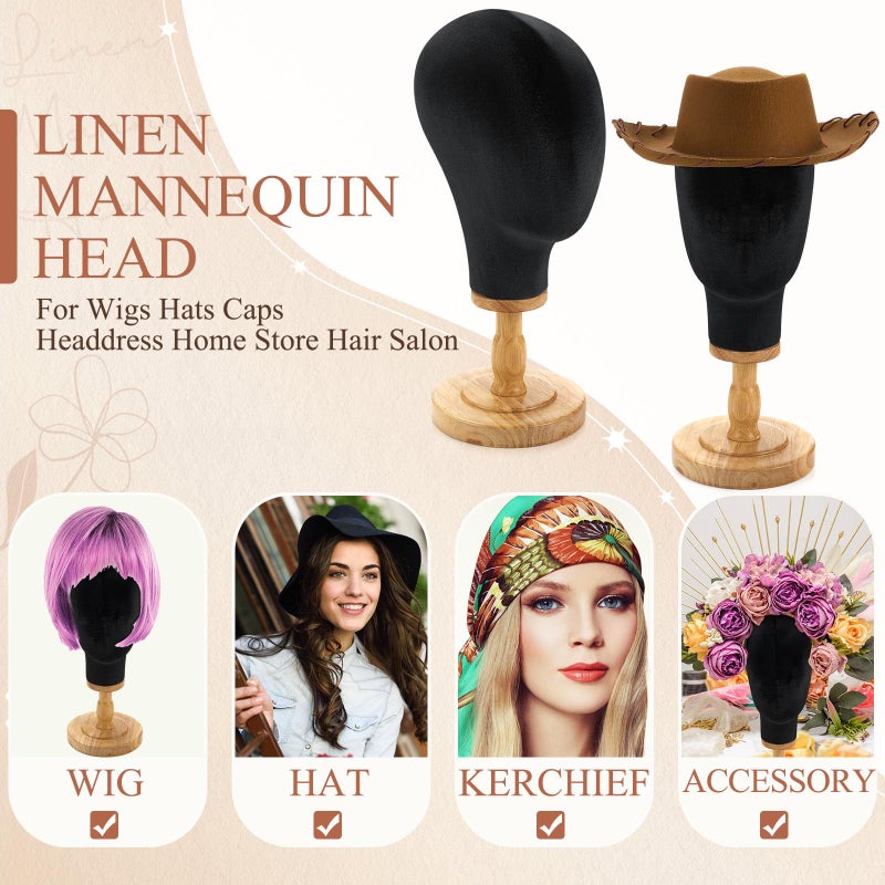RattanView 2 Pcs Wig Stand with Head 23 Inch Linen Mannequin Head with Wooden Stand Canvas Mannequin for Hats Wigs Caps Headdress Home Store Hair Salon(Black) - Image 3